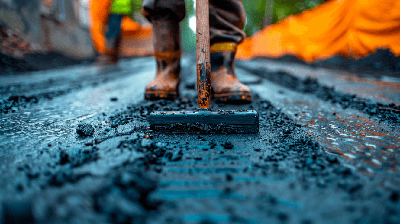 A worker smoothing wet asphalt with a tool, standing on a freshly paved road.