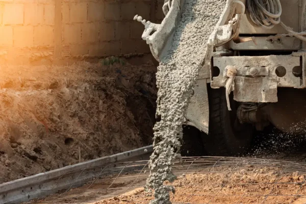 A cement truck pours fresh concrete onto a road.