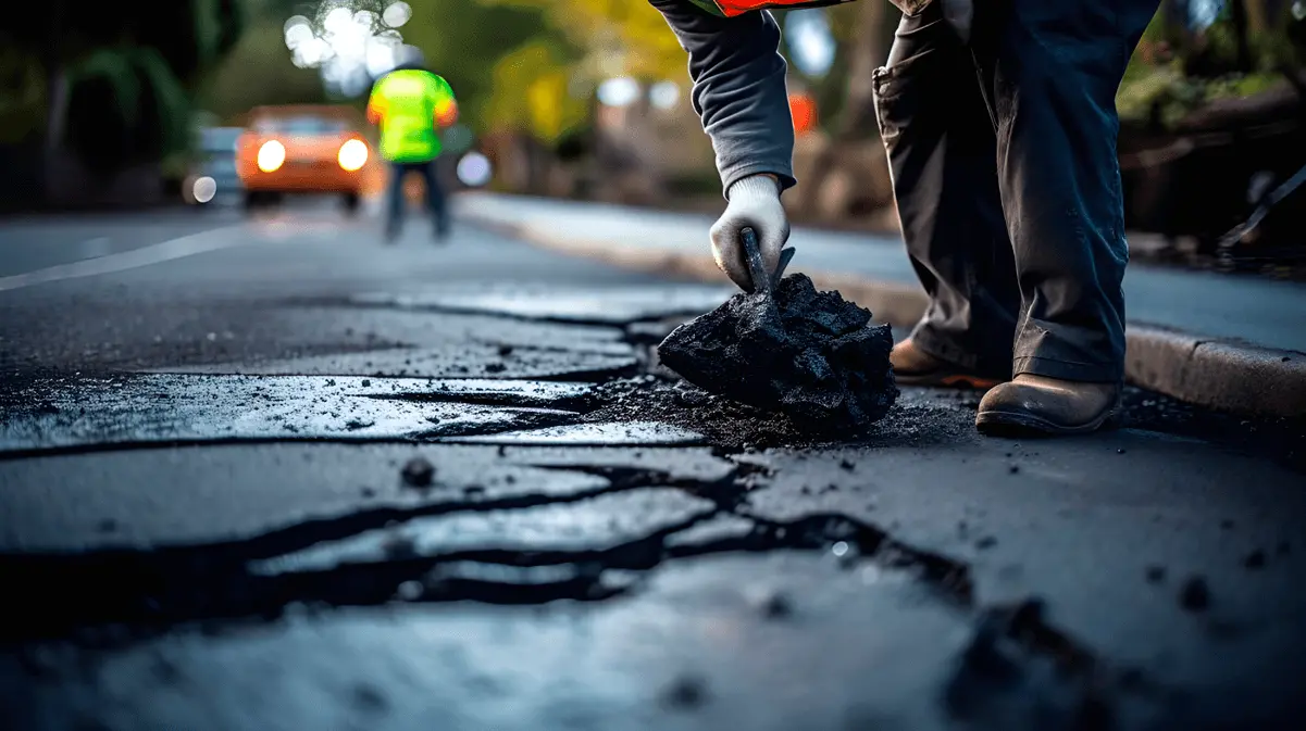 A worker filling up the cracks on the road.