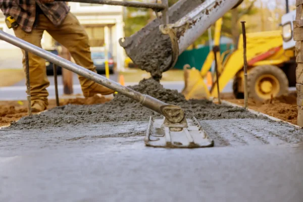 A man pouring concrete onto a sidewalk.