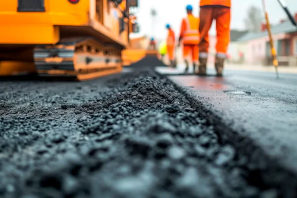 A team of workers is actively repairing a road, using tools and equipment for construction