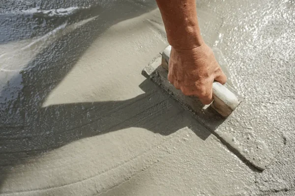 A person skillfully uses a trowel to spread cement.